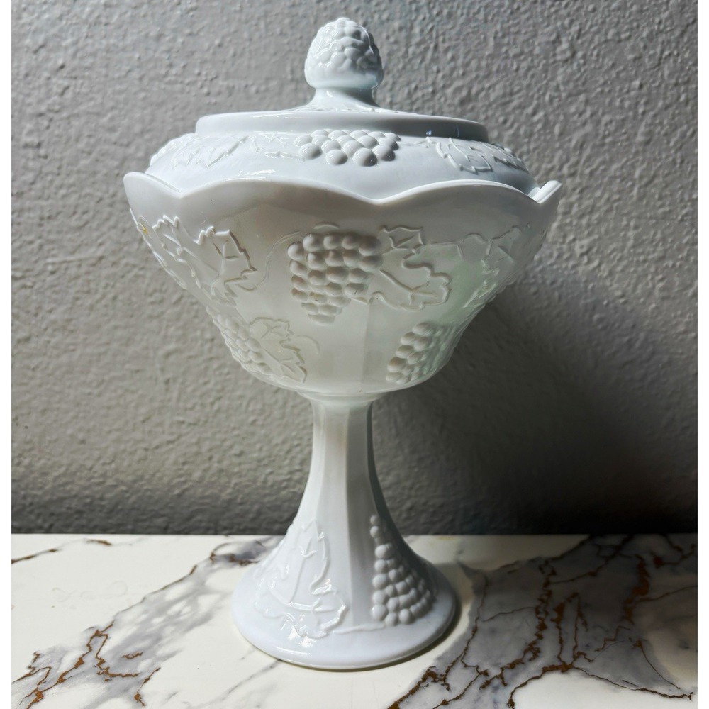 Indiana Glass Colony Harvest Grape Milk Glass Covered Compote 10.25"